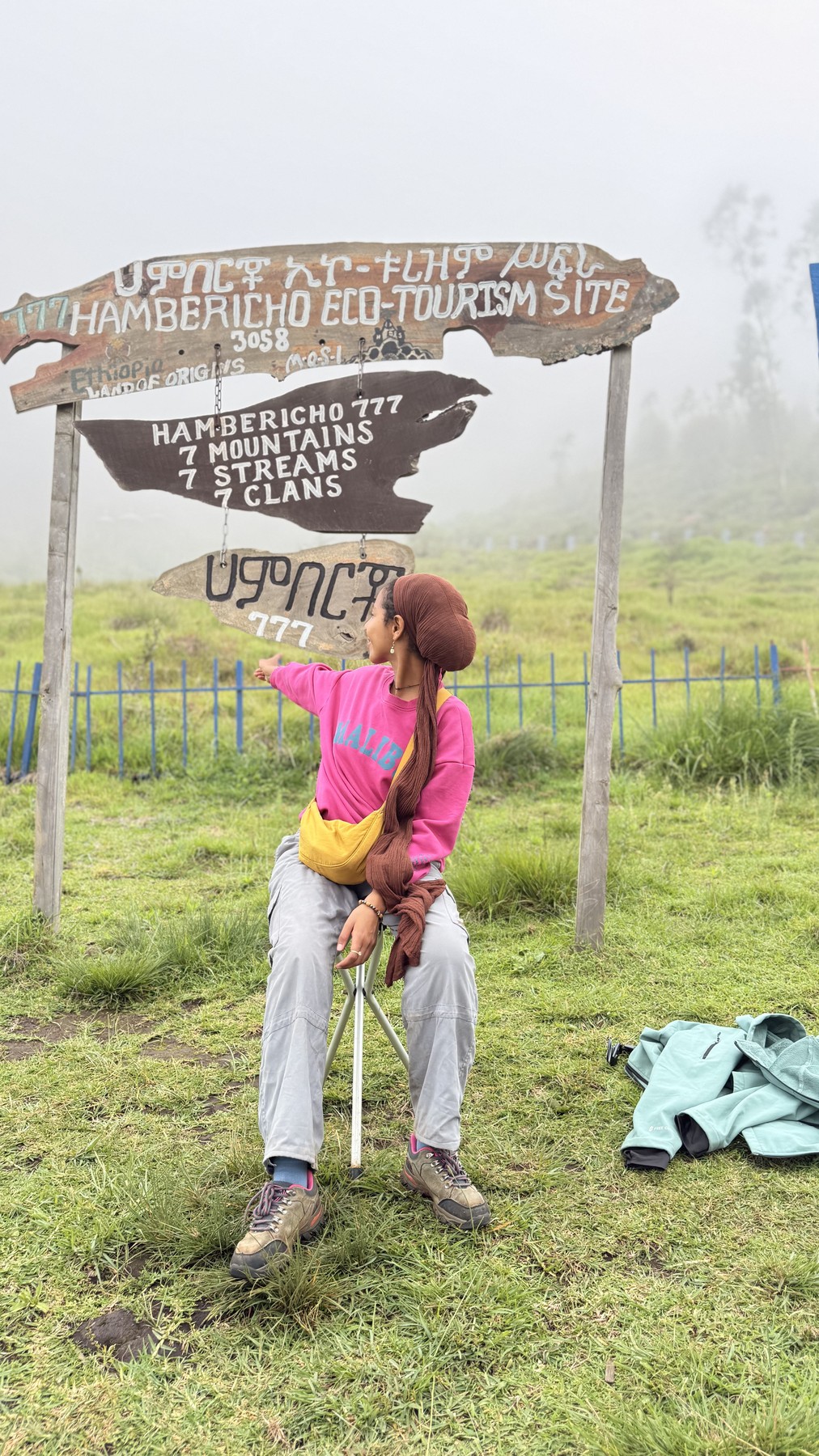 Traveler at the Mount Hambaricho eco-tourism sign