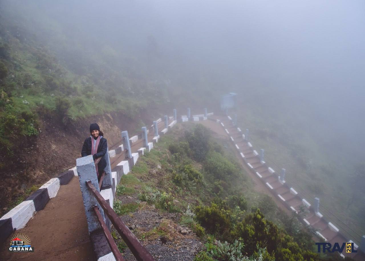 Traveler on the misty Mount Hambaricho steps